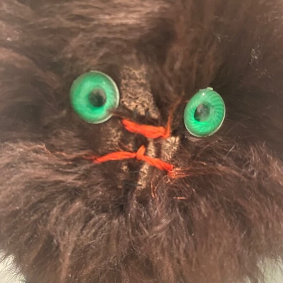 Vtg Mid-Century Black Cat Plush Real Fur Fluffy Face Green Button Eyes 8”x9.5” - Picture 3 of 9